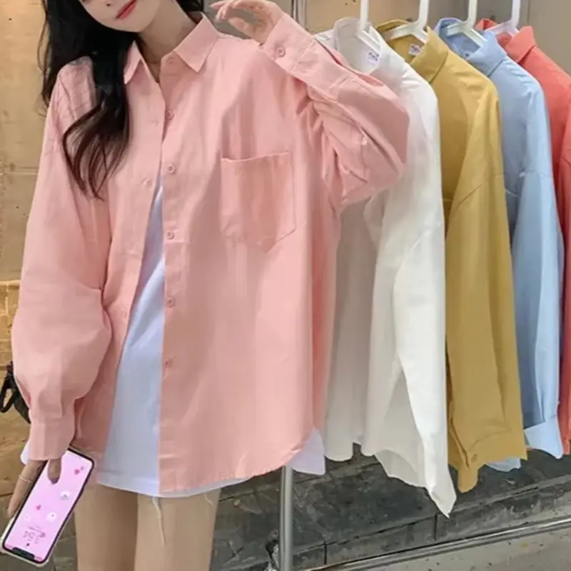 Pink White Yellow Blouse Female Spring Loose Pocket Long Sleeve Shirt Ladies Street Casual Loose Shirt Shirts Womens Tops