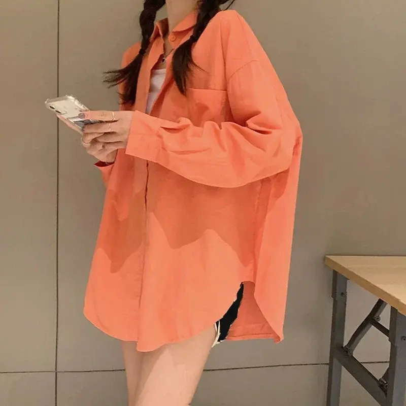 Pink White Yellow Blouse Female Spring Loose Pocket Long Sleeve Shirt Ladies Street Casual Loose Shirt Shirts Womens Tops