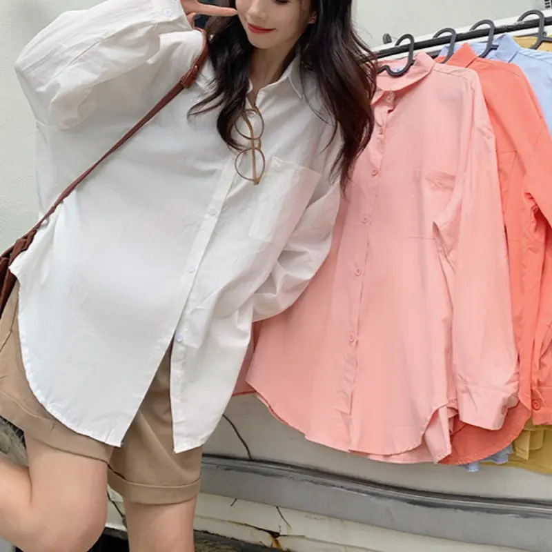Pink White Yellow Blouse Female Spring Loose Pocket Long Sleeve Shirt Ladies Street Casual Loose Shirt Shirts Womens Tops