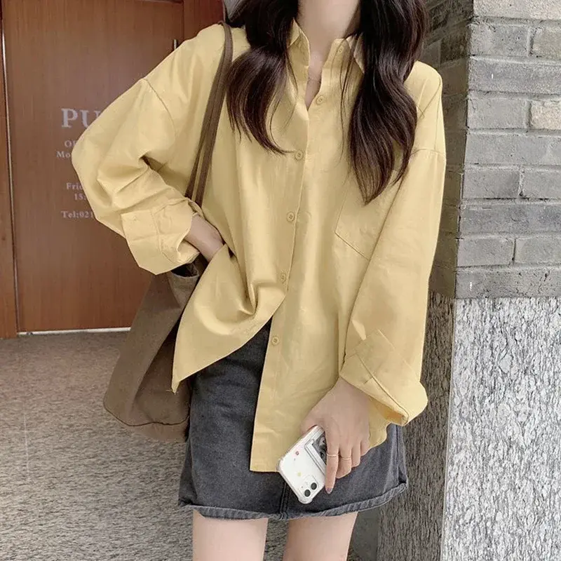Pink White Yellow Blouse Female Spring Loose Pocket Long Sleeve Shirt Ladies Street Casual Loose Shirt Shirts Womens Tops