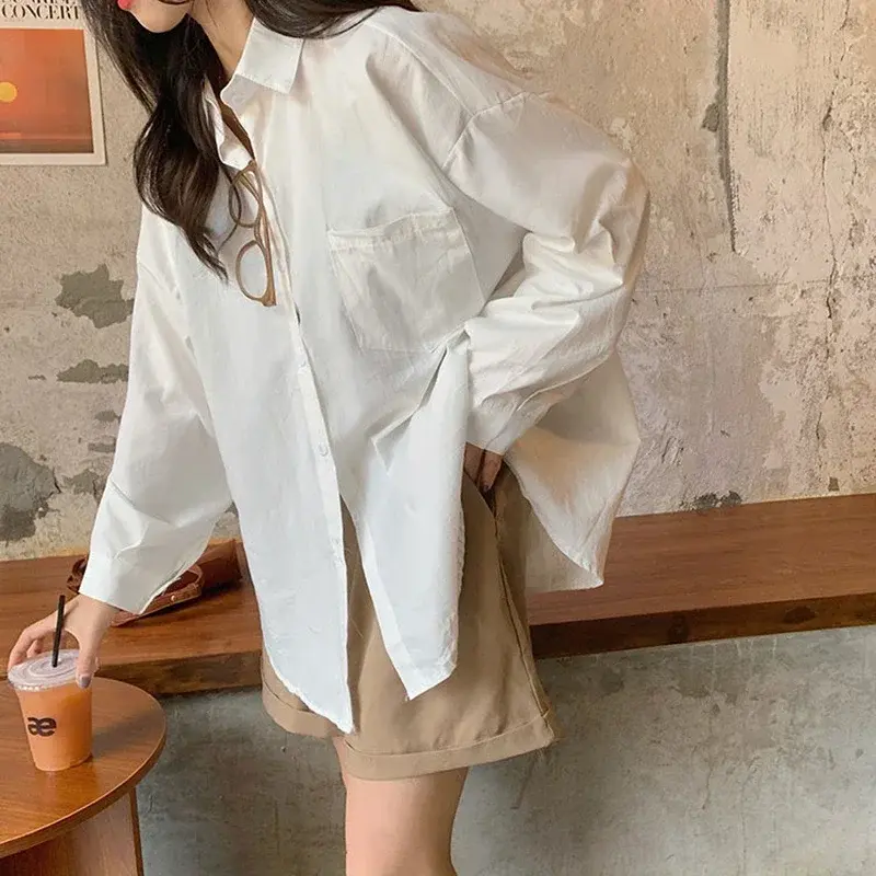 Pink White Yellow Blouse Female Spring Loose Pocket Long Sleeve Shirt Ladies Street Casual Loose Shirt Shirts Womens Tops
