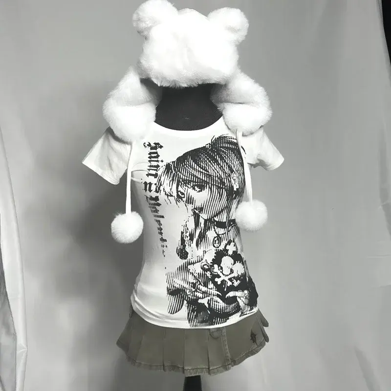 Y2k Anime Streetwear O-neck 90s Text Printing Tops Women Harajuku Clothes Simple Vintage Crop Tee Casual T-shirt for Women