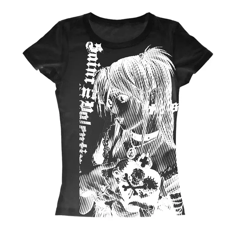Y2k Anime Streetwear O-neck 90s Text Printing Tops Women Harajuku Clothes Simple Vintage Crop Tee Casual T-shirt for Women