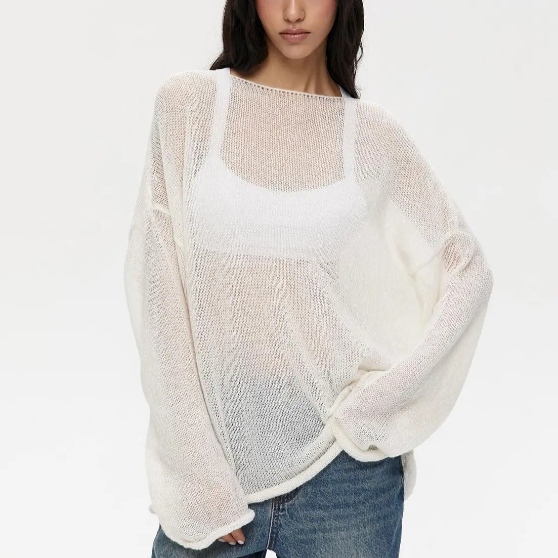 Elegant Hollow Out Knitted Pullovers Women O-neck Long Sleeve See Through Loose Jumper Summer Y2k Chic Lady Beach Sweater