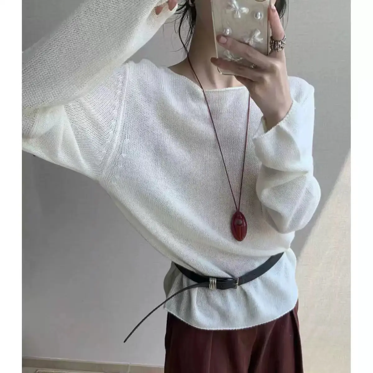 Elegant Hollow Out Knitted Pullovers Women O-neck Long Sleeve See Through Loose Jumper Summer Y2k Chic Lady Beach Sweater