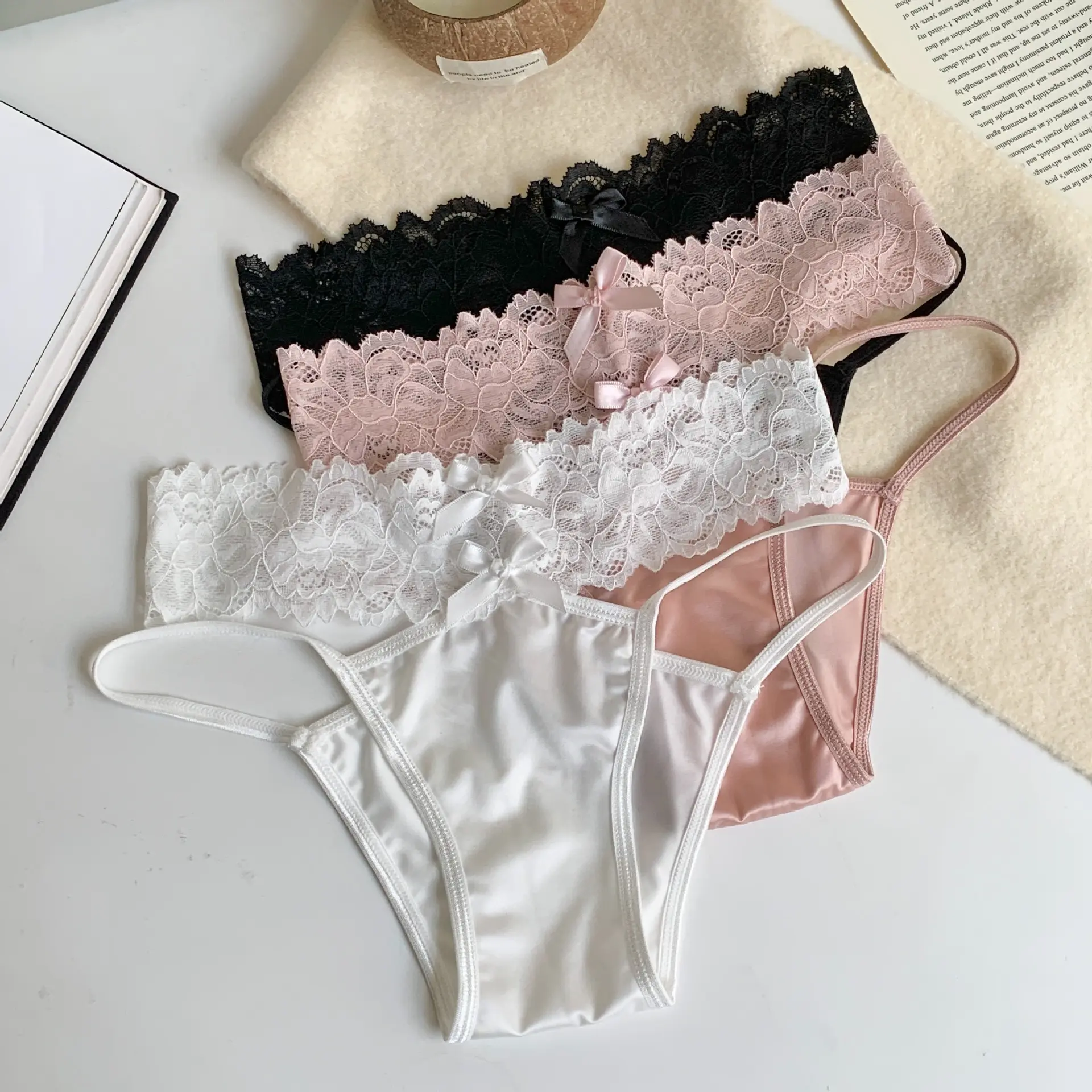 Sexy Women Lace Satin Thong Pants Hollow Out Panties Low Waist Breathable Briefs See Through Underwear Female Elastic Lingerie