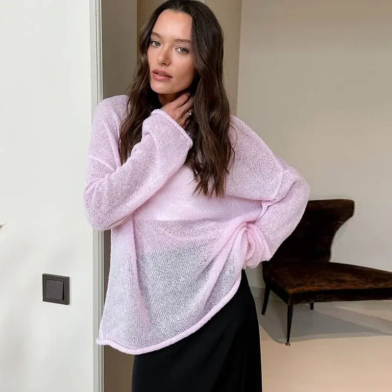 Elegant Hollow Out Knitted Pullovers Women O-neck Long Sleeve See Through Loose Jumper Summer Y2k Chic Lady Beach Sweater