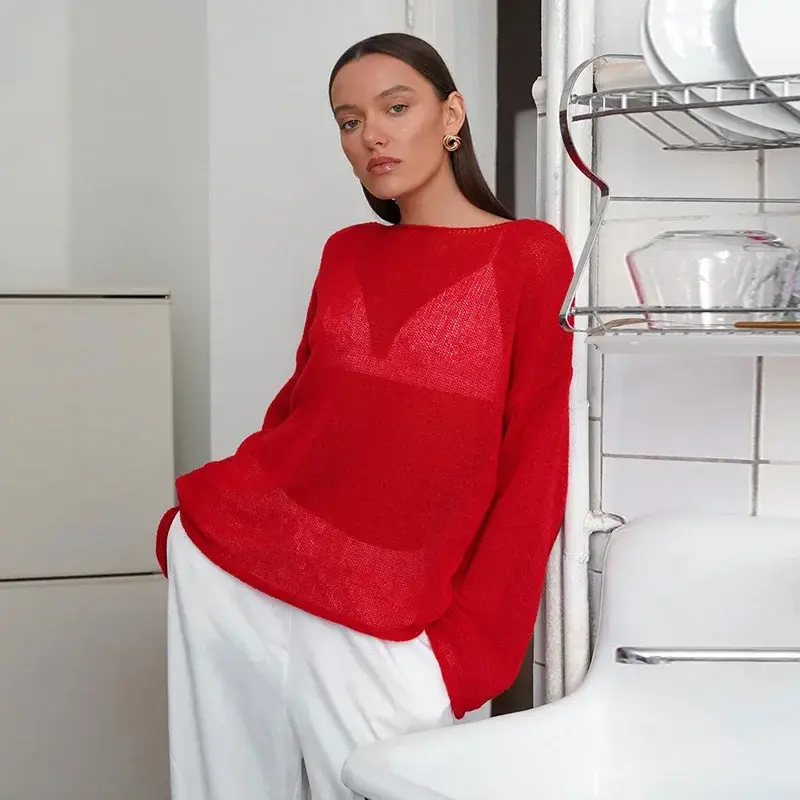 Elegant Hollow Out Knitted Pullovers Women O-neck Long Sleeve See Through Loose Jumper Summer Y2k Chic Lady Beach Sweater