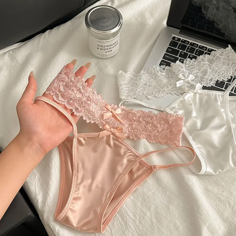 Sexy Women Lace Satin Thong Pants Hollow Out Panties Low Waist Breathable Briefs See Through Underwear Female Elastic Lingerie