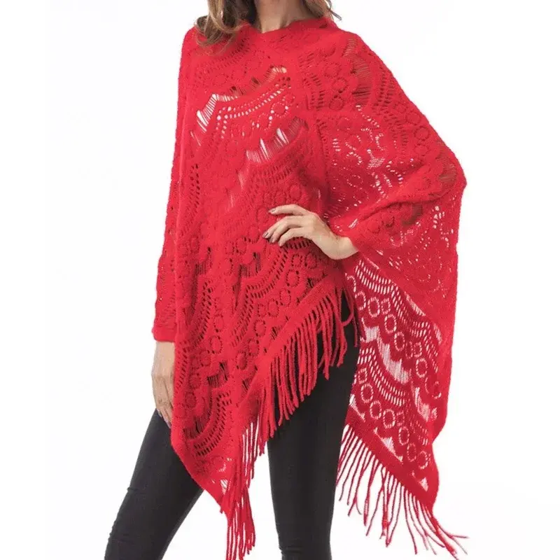 Women Spring Loose Shawl Scarf Tassel Poncho Women Elegant Oversized Pullover Knitted Hooded Ladies Bohemian Irregular Sweater
