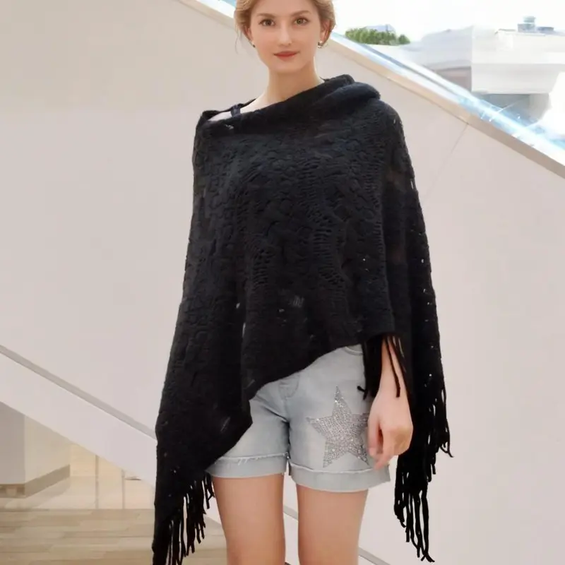 Women Spring Loose Shawl Scarf Tassel Poncho Women Elegant Oversized Pullover Knitted Hooded Ladies Bohemian Irregular Sweater