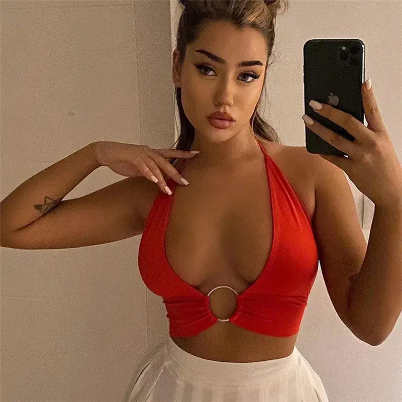 Womens Sexy Sleeveless Ring Linked Vest Halter Short Tank Tops Backless Ring Connect Slim Fit Vest Casual Slim Tops