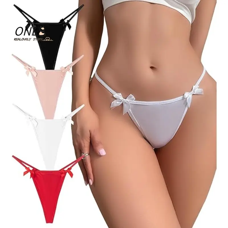 Sexy Women Ice Silk Panties Low Waist G-String Underwear Seamless Metal Chain Bow Solid Thong Female Lingerie