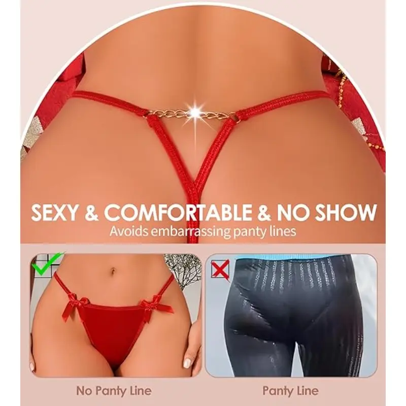 Sexy Women Ice Silk Panties Low Waist G-String Underwear Seamless Metal Chain Bow Solid Thong Female Lingerie