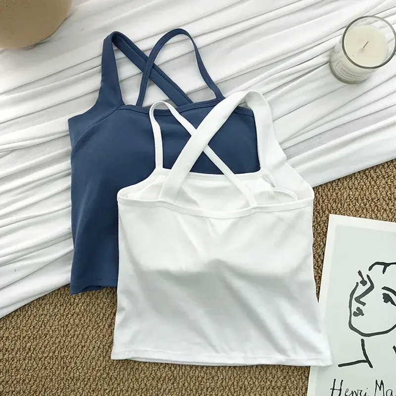 Women New Design Crop Tops Summer Solid Color One Shoulder Cross Back Tank Tops Knit Sexy Bra Tops With Inner Pad