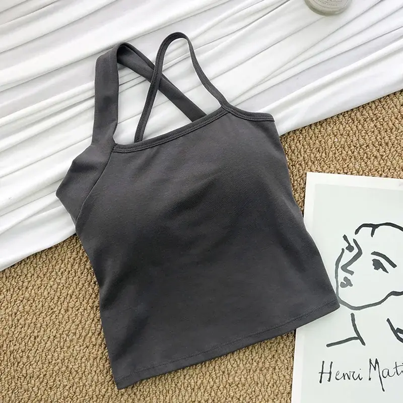 Women New Design Crop Tops Summer Solid Color One Shoulder Cross Back Tank Tops Knit Sexy Bra Tops With Inner Pad