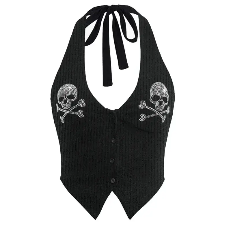 Punk rhinestone halter neck strap sleeveless vest streetwear sexy tank top vintage Goth Aesthetic Summer Fashion Casual Camisole