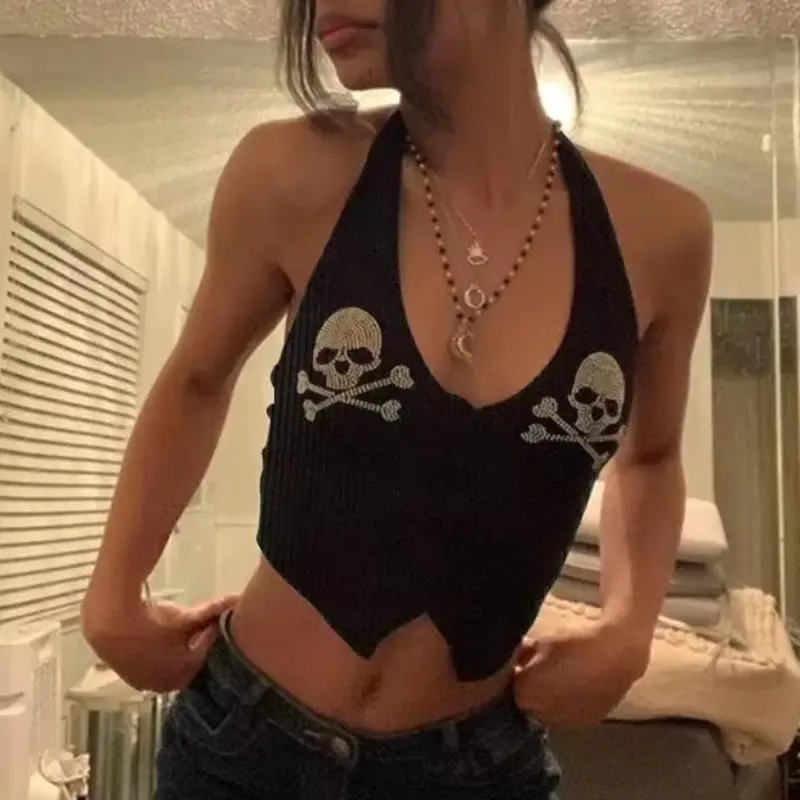 Punk rhinestone halter neck strap sleeveless vest streetwear sexy tank top vintage Goth Aesthetic Summer Fashion Casual Camisole