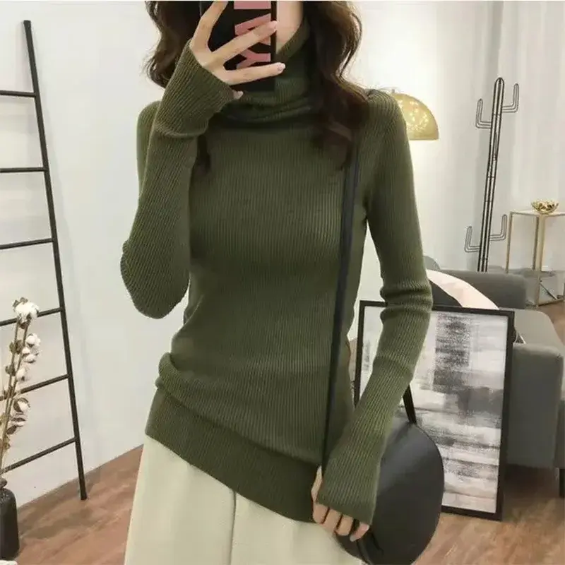 Simple Turtleneck Sweater Women Autumn Winter Casual Solid Color Slim Elastic Knit Pullover Female Soft Warm Jumper Basic Tops