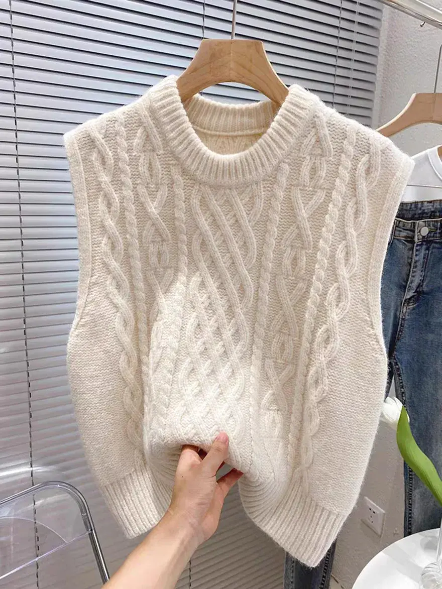 Women Vintage Twist Sleeveless Vest Sweater Autumn Winter Korean Thickened Loose Folded Pullovers Knitted Waistcoat