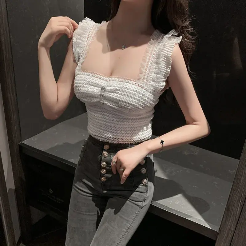 Sexy Women White Crop Tops Summer Y2k 90s Aesthetic Camisole Off Shoulder Corset Top Short Lace Harajuku Koream Female Tanks
