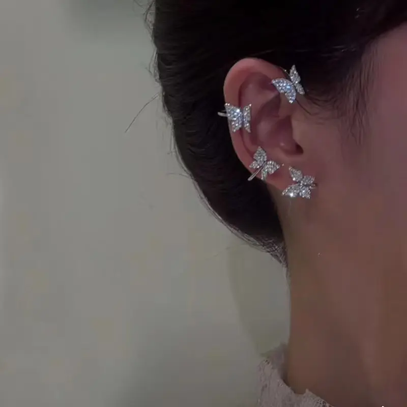 Elegant Butterfly Earrings Women Non-pierced Ear Cuffs Korea Sparkling Rhinestone Ear Cuff Clips Earrings Wedding Jewelry Gifts
