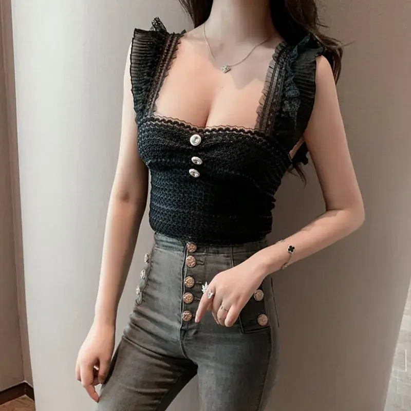 Sexy Women White Crop Tops Summer Y2k 90s Aesthetic Camisole Off Shoulder Corset Top Short Lace Harajuku Koream Female Tanks