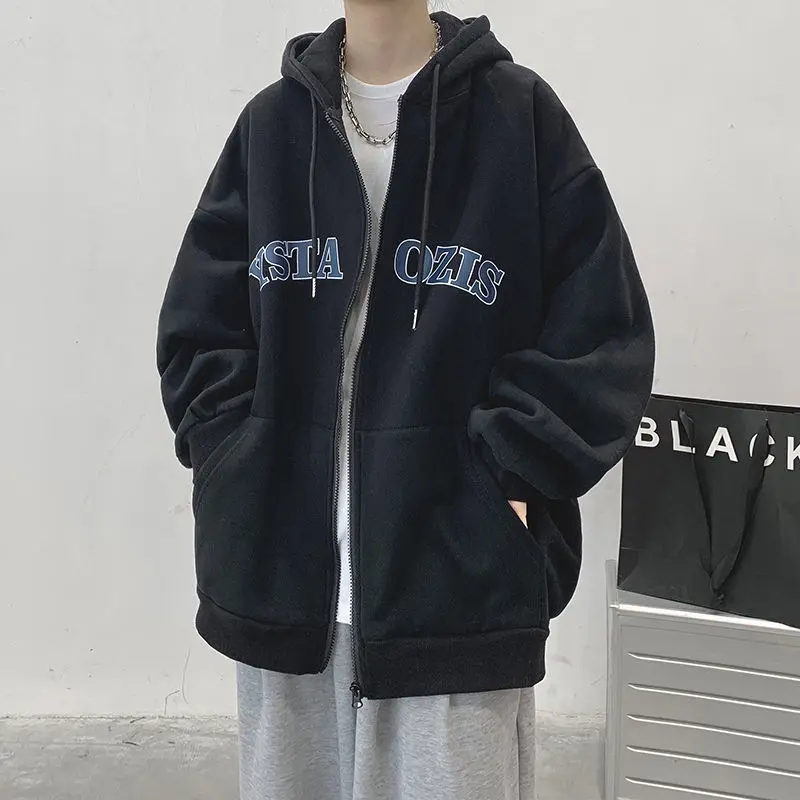 Spring Autumn Zipper Ladies Hoodie American Letter Embroidery Printed Long Sleeve Cardigan Jacket Male Casual Sweatshirt