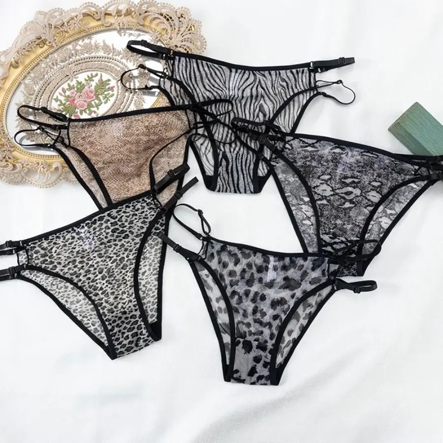 Sexy Leopard Mesh Straps Briefs Women Underwear Transparent Low Waist Thong Women's Seamless Ice Silk Traceless Panties Lingerie