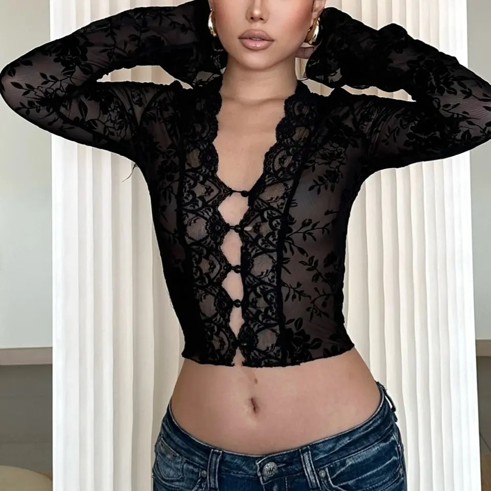 Womens Long Sleeve Sheer Mesh See Blouse Leopard Print V Neck Buttons Lace Trim Crop Top Sexy Going Out Night Club Party Tops