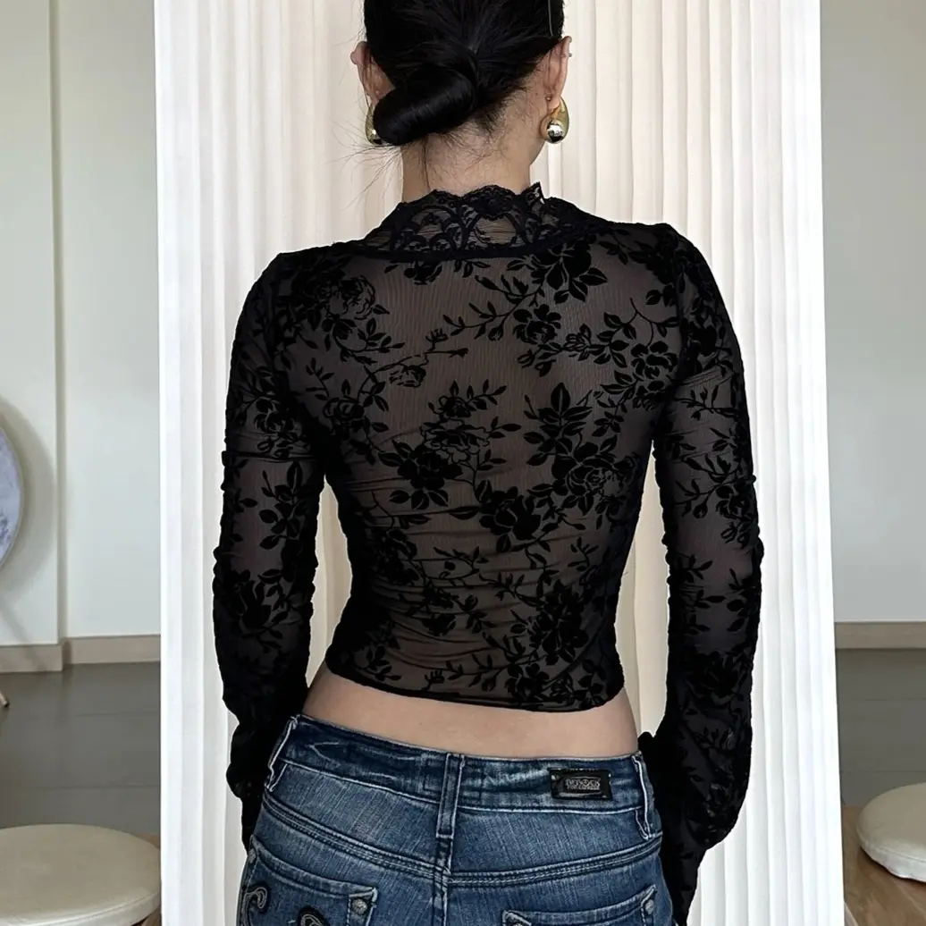 Womens Long Sleeve Sheer Mesh See Blouse Leopard Print V Neck Buttons Lace Trim Crop Top Sexy Going Out Night Club Party Tops