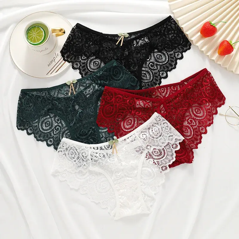 Sexy Lace Panties Female Water Drop Sexy Mid-waist Underwear Hollow Out Bowknot Thongs Lingerie Sexy Underwear Woman