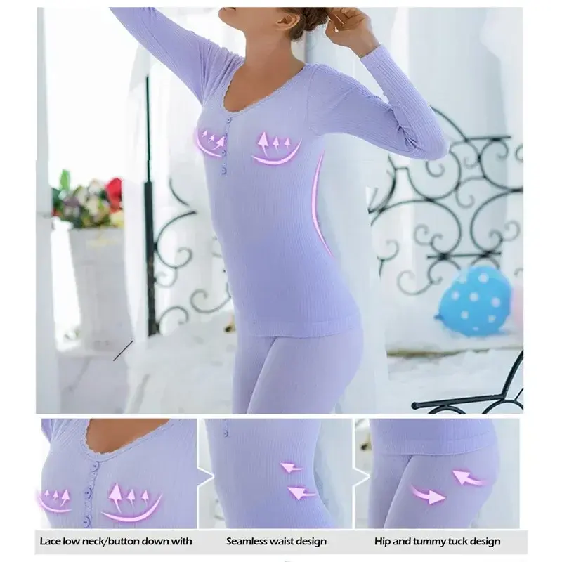 Seamless Women Thermal Underwear Long Sleeve Bottoming Top Long Johns Sleepwear 2pcs Set Winter Antibacterial Warm Clothing Suit