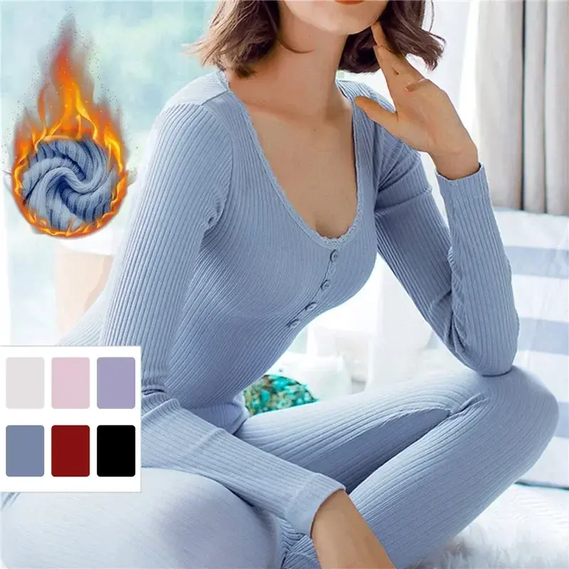Seamless Women Thermal Underwear Long Sleeve Bottoming Top Long Johns Sleepwear 2pcs Set Winter Antibacterial Warm Clothing Suit