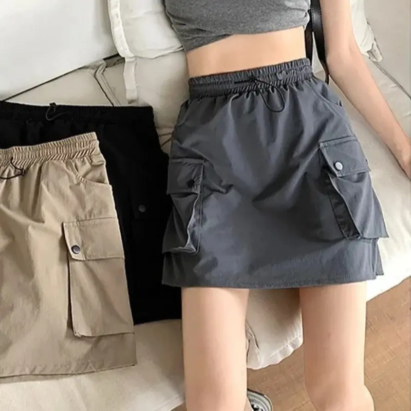 Womens Summer Drawstring High Waist A Line Mini Cargo Skirt with Flap Pockets Black Loose Fit Flared Short Skirts