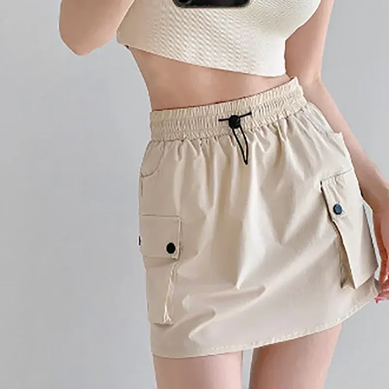 Womens Summer Drawstring High Waist A Line Mini Cargo Skirt with Flap Pockets Black Loose Fit Flared Short Skirts