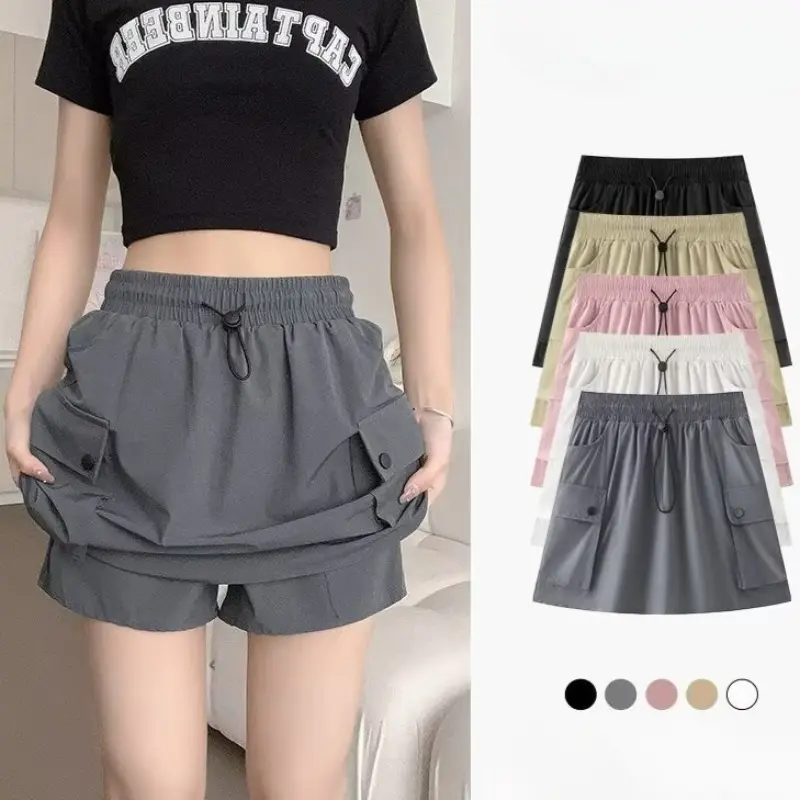 Womens Summer Drawstring High Waist A Line Mini Cargo Skirt with Flap Pockets Black Loose Fit Flared Short Skirts
