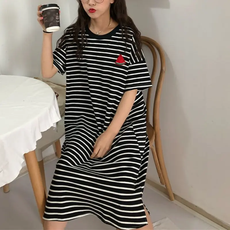 Fashion Beautiful Summer Nightdress Comfortable Homewear Friendly to Skin Stripes Pattern Lady Night Robe