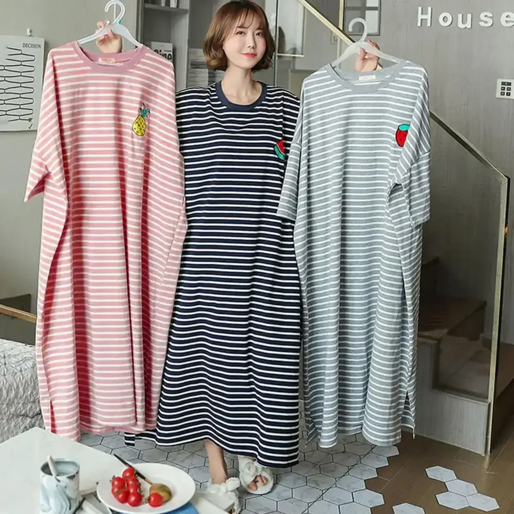 Fashion Beautiful Summer Nightdress Comfortable Homewear Friendly to Skin Stripes Pattern Lady Night Robe