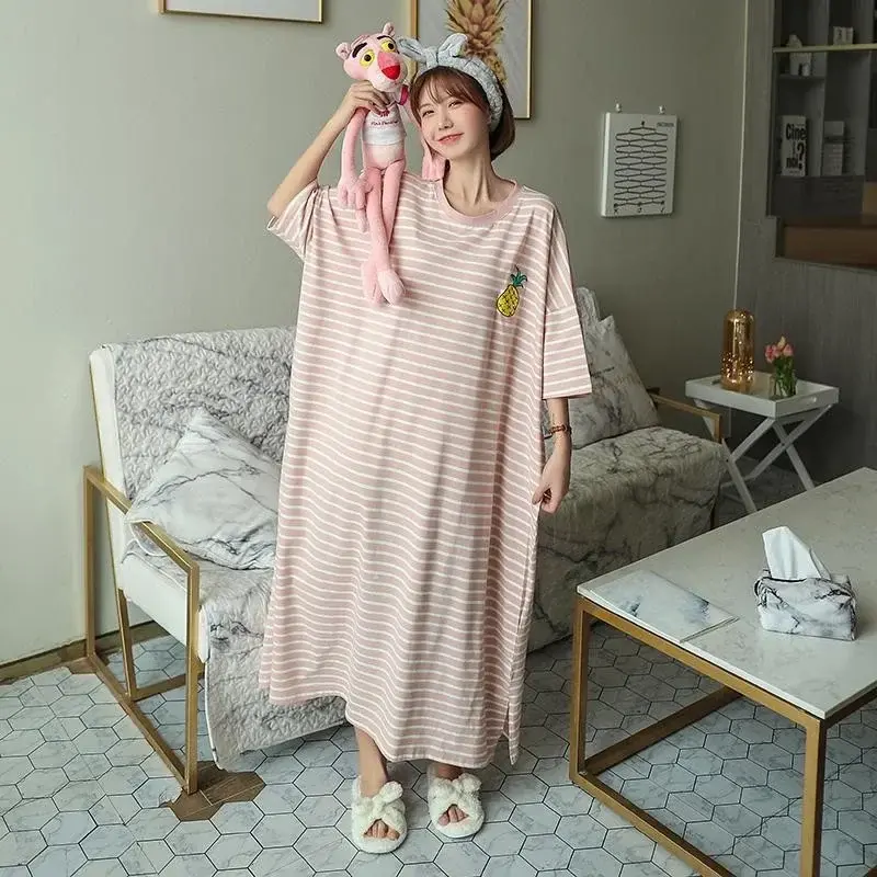 Fashion Beautiful Summer Nightdress Comfortable Homewear Friendly to Skin Stripes Pattern Lady Night Robe