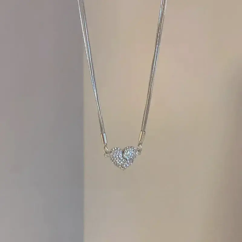 Elegant Heart Shaped Zircon Pendant Necklace Fashion Multilayer Magnetic Clasp Clavicle Chain for Women New Party Gift Jewelry