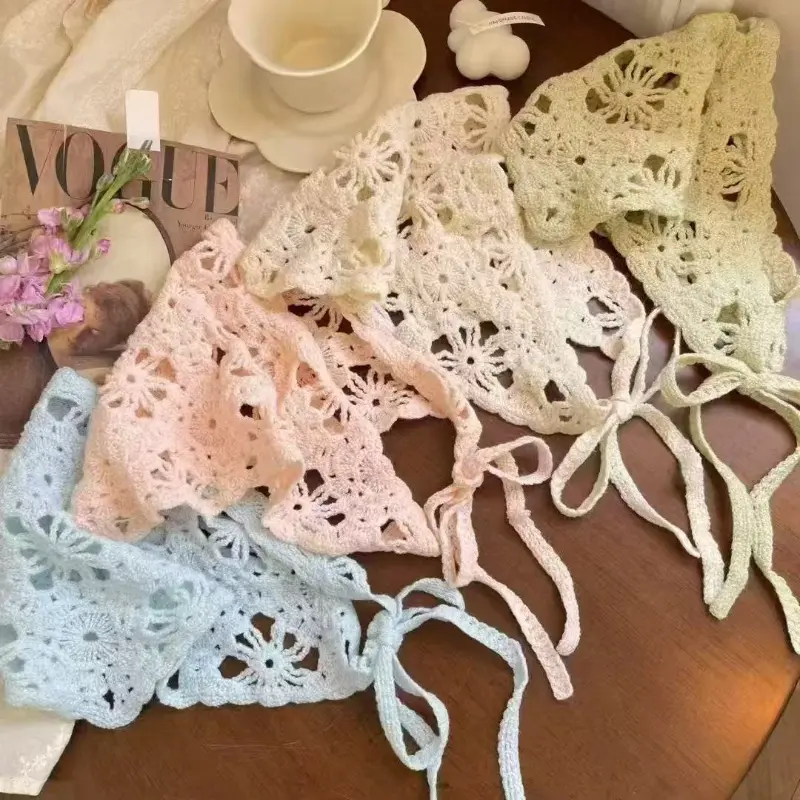 Knitted Headscarf Hat French Pastoral Style Triangle Headband Handmade Crochet Headband Towel Retro Flower Headscarf