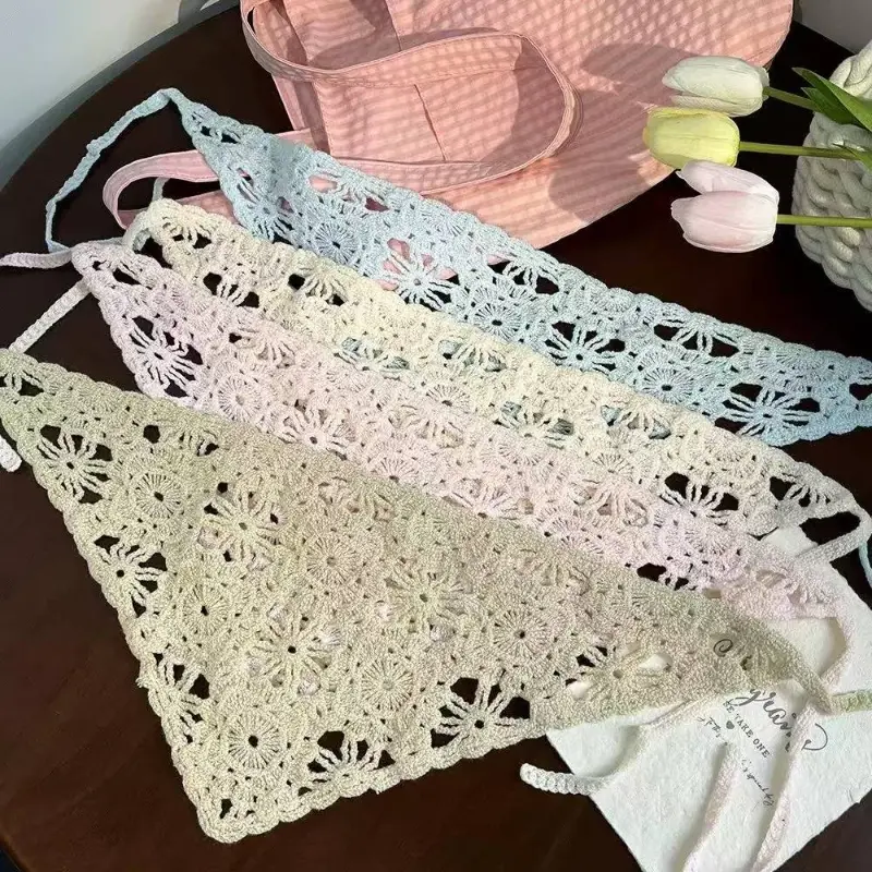 Knitted Headscarf Hat French Pastoral Style Triangle Headband Handmade Crochet Headband Towel Retro Flower Headscarf