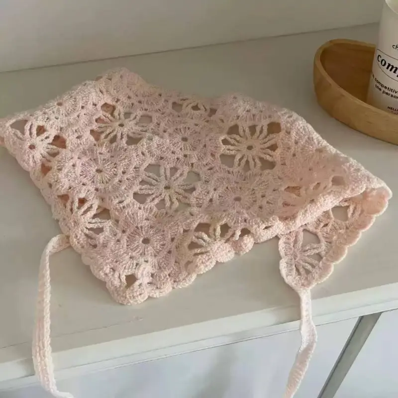 Knitted Headscarf Hat French Pastoral Style Triangle Headband Handmade Crochet Headband Towel Retro Flower Headscarf