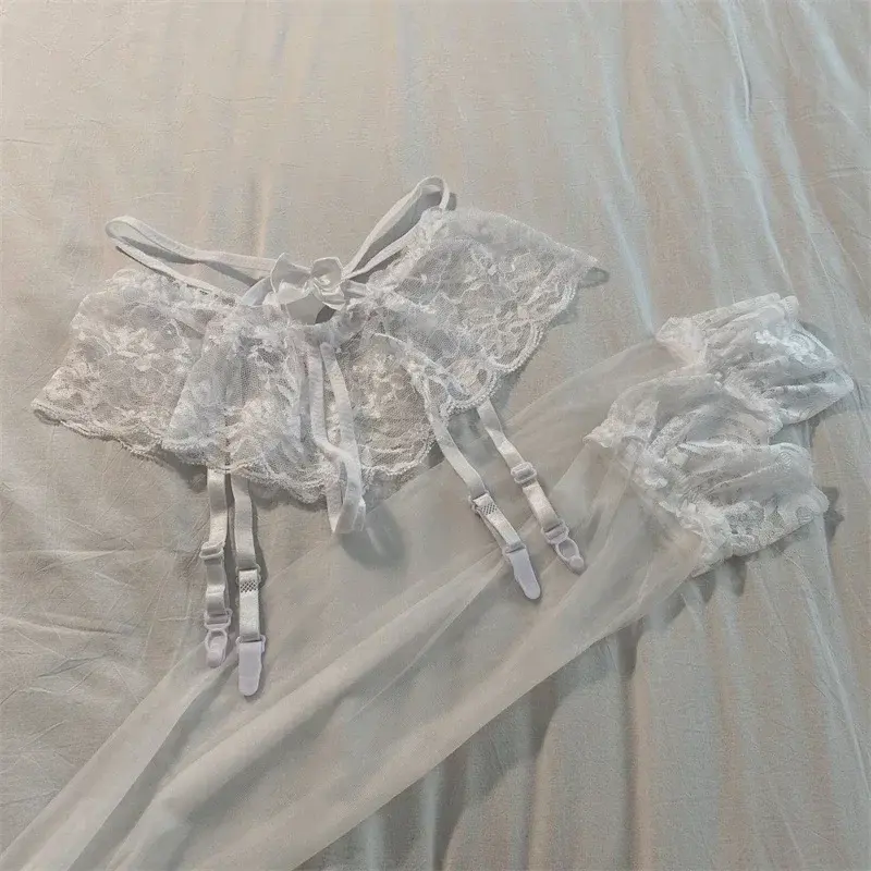Sexy Lace Transparent Garter Panties And Stockings Set Black White Floral Underwear Open Crotch Nightwear Erotic Underwear