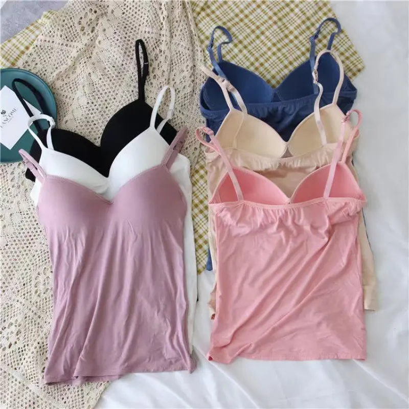 Sexy Women Solid Padded Bra Spaghetti Camisole Top Women Vest Female Camisole with Built in Bra Cami Top Vest Padded Tank Tops