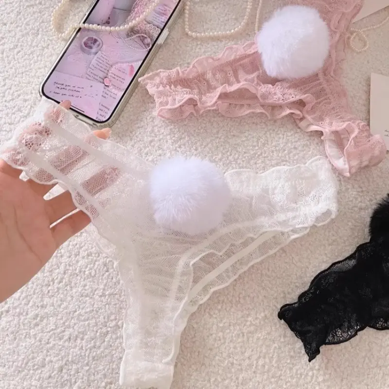 Women Lace Thong Panties Cotton Gusset Breathable Comfortable Low-Rise G-string Detachable Rabbit Tail Comfort Sexy Underwear
