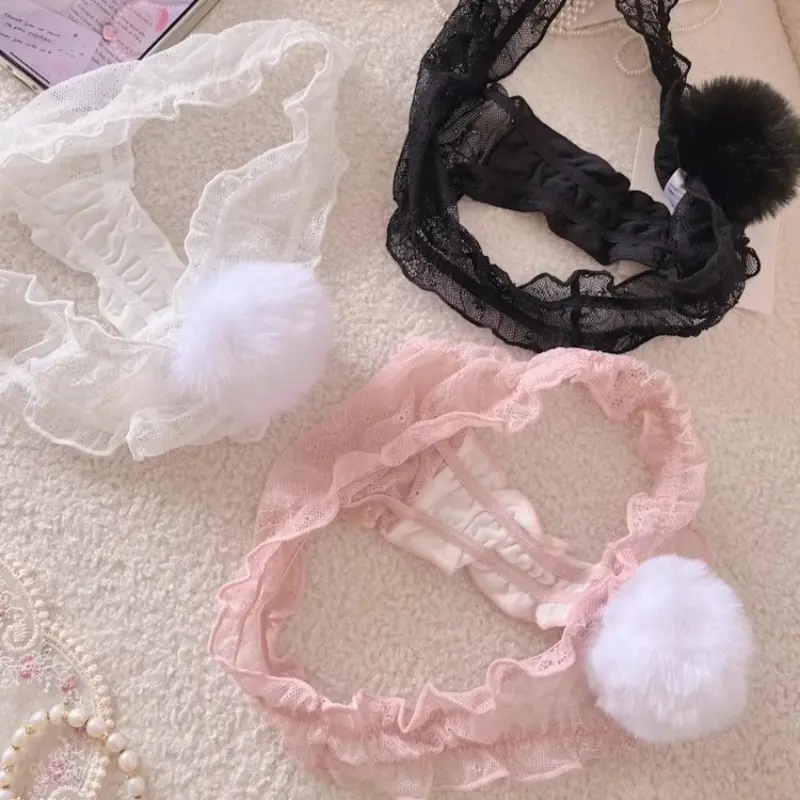Women Lace Thong Panties Cotton Gusset Breathable Comfortable Low-Rise G-string Detachable Rabbit Tail Comfort Sexy Underwear