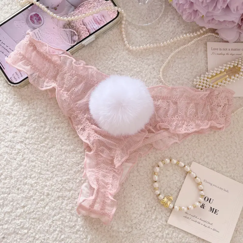 Women Lace Thong Panties Cotton Gusset Breathable Comfortable Low-Rise G-string Detachable Rabbit Tail Comfort Sexy Underwear