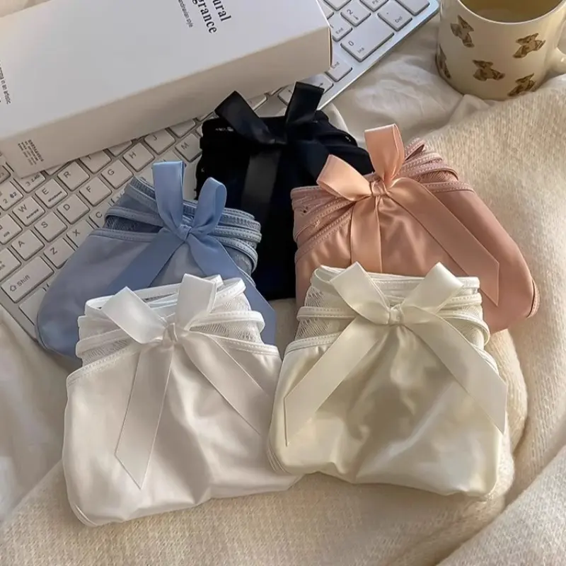 Lace Butterfly Knot Triangle Women's Underwear Breathable Satin Angel Wing Mid Waist Summer Panties Comfortable Briefs